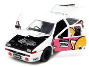 1986 Toyota Trueno (AE86) RHD (Right Hand Drive) #25 White with Graphics and Aggretsuko Diecast Figure "Aggretsuko" "Anime Hollywood Rides" Series 1/24 Diecast Model Car by Jada image 3