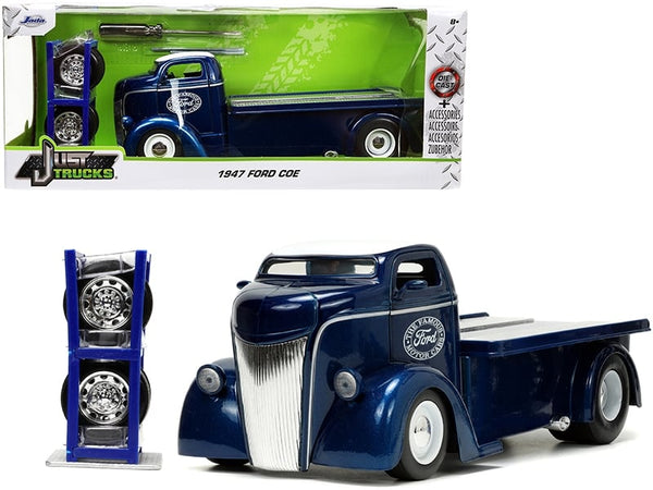 Blue and white 1947 Ford COE flatbed, 1:24, truck, extra wheels and Just Trucks box — Jada 33853