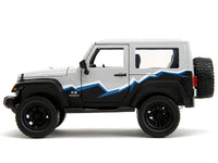 Gray and black 2007 Jeep Wrangler with blue and white stripes, closed side view, Jada 34194, 1:24