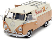 Volkswagen Bus "WheelJack" Tan and Beige "Frank's TV Repair" and Transformers Logo Diecast Statue "Transformers: Rise of the Beasts" (2023) Movie "Hollywood Rides" Series 1/24 Diecast Model Car by Jada image 3