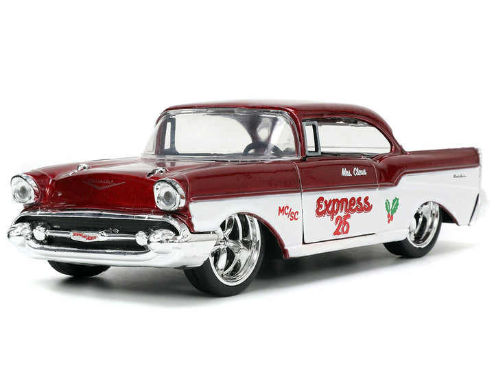 1941 Ford Pickup Truck Red and White "Santa's Workshop" and 1957 Chevrolet Bel Air Red Metallic and White "Express 25" with Mr. and Mrs. Santa Claus Diecast Figures "Holiday Rides" Series 1/32 Diecast Model Cars by Jada image 2