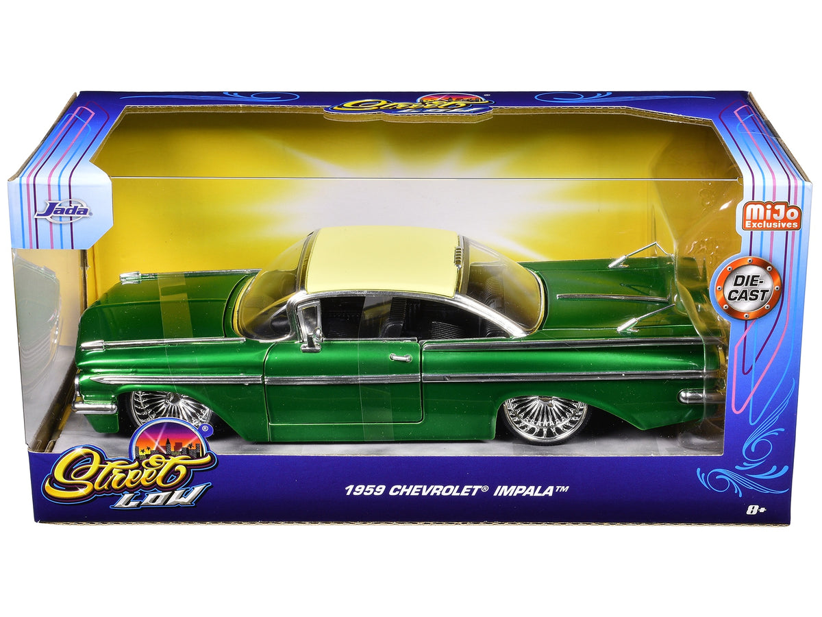 1959 Chevrolet Impala Lowrider Green Metallic with Cream Top and DUB Wire Wheels "Street Low" Series 1/24 Diecast Model Car by Jada image 3