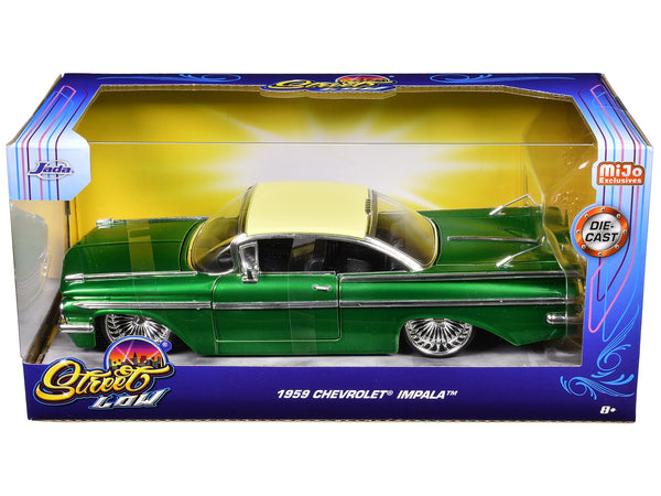 1959 Chevrolet Impala Lowrider Green Metallic with Cream Top and DUB Wire Wheels "Street Low" Series 1/24 Diecast Model Car by Jada image 3