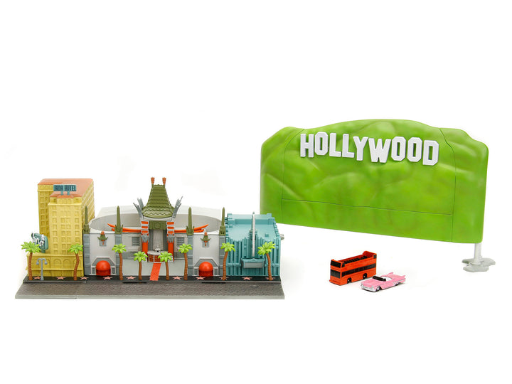"Hollywood 100" Walk of Fame Diorama with Pink Convertible and Double-Decker Bus "Nano Scene" Series model by Jada image 2