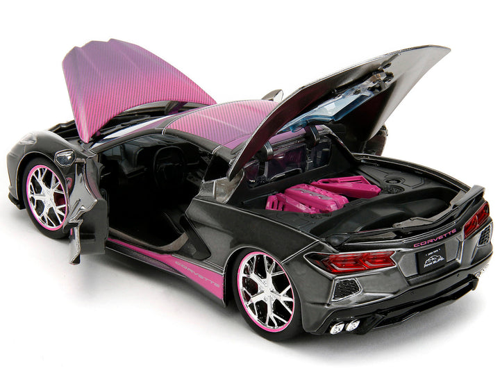 2020 Chevrolet Corvette Stingray Gray Metallic with Pink Carbon Hood and Top "Pink Slips" Series 1/24 Diecast Model Car by Jada image 2