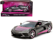 2020 Chevrolet Corvette Stingray Gray Metallic with Pink Carbon Hood and Top "Pink Slips" Series 1/24 Diecast Model Car by Jada image 3