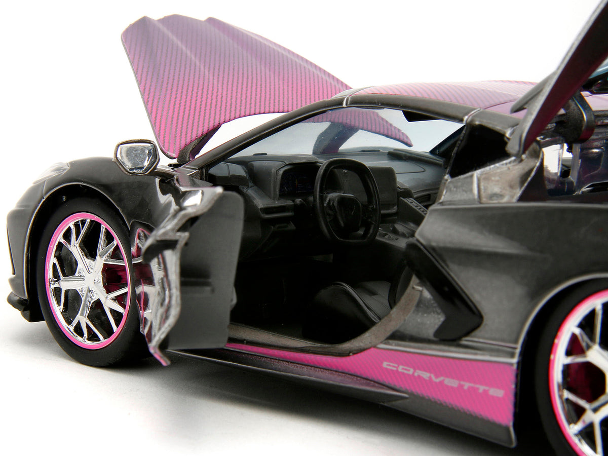 2020 Chevrolet Corvette Stingray Gray Metallic with Pink Carbon Hood and Top "Pink Slips" Series 1/24 Diecast Model Car by Jada image 4