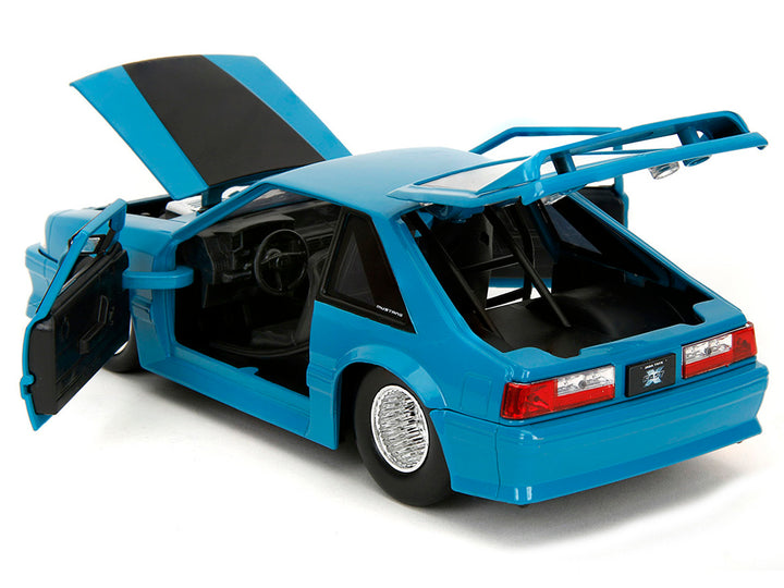 1989 Ford Mustang GT Blue with Black Hood Stripes "Fast & Furious" Series 1/24 Diecast Model Car by Jada image 2