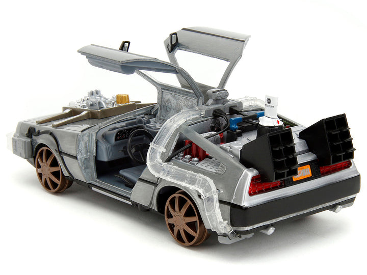 DeLorean Brushed Metal Time Machine (Train Wheel Version) with Lights "Back to the Future Part III" (1990) Movie "Hollywood Rides" Series 1/24 Diecast Model Car by Jada image 2