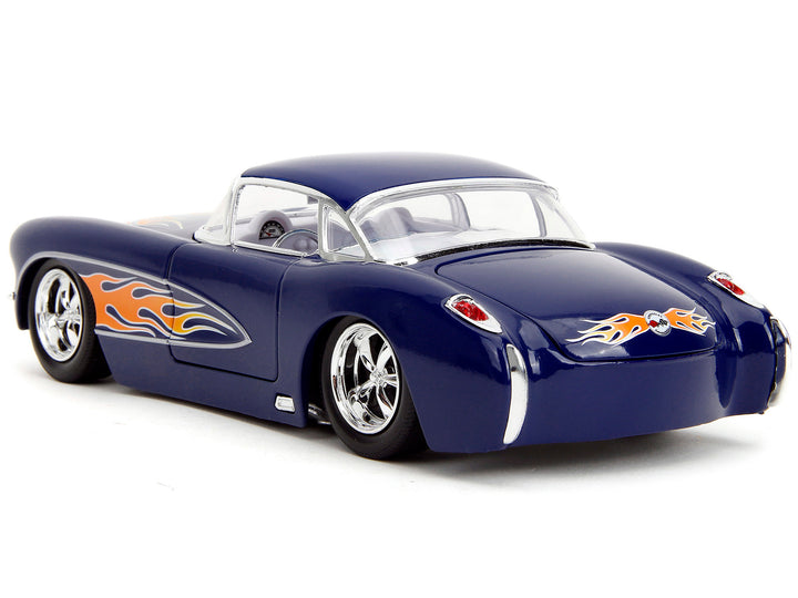 1957 Chevrolet Corvette Dark Blue with Flame Graphics and White Interior "Bigtime Muscle" Series 1/24 Diecast Model Car by Jada image 2