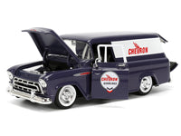 Dark blue and white Chevron 1957 Chevrolet Suburban with hood open, front three-quarter view, Jada 35044