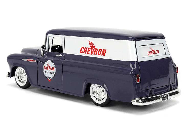 1957 Chevrolet Suburban "Chevron" Dark Blue with White Stripes and Chevron Gas Pump "Just Trucks" Series 1/24 Diecast Model Car by Jada image 2