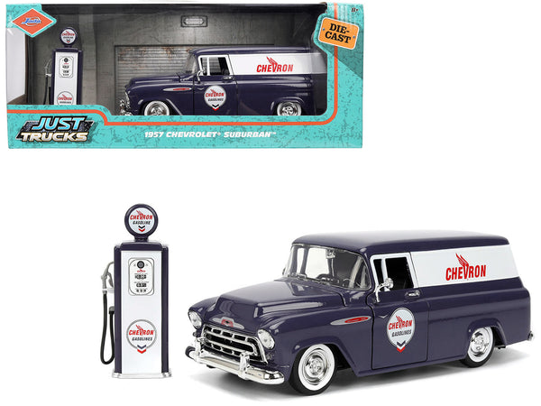 Complete Jada 35044 set showing the Chevron 1957 Chevrolet Suburban, included gas pump and Just Trucks window box