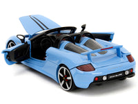 Rear three-quarter view of blue Porsche Carrera GT with doors and rear engine cover open, Jada 35066
