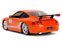Orange number 008 Bridgestone Porsche 911 GT3 RS, 1:24, closed rear three-quarter view — Jada 35138