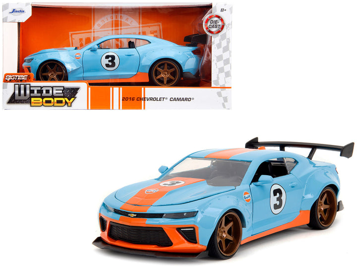 2016 Chevrolet Camaro Widebody #3 Light Blue with Orange Stripes "Gulf Oil" "Wide Body" Series 1/24 Diecast Model Car by Jada image 2
