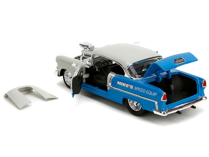 1955 Chevrolet Bel Air "Ghost Gas - Mike's Speed Equip" Light Gray and Blue "Bigtime Muscle" Series 1/24 Diecast Model Car by Jada image 2