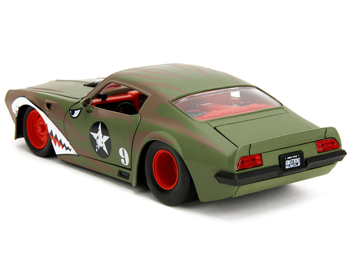 1972 Pontiac Firebird #9 Green Camouflage Flames with Graphics and Red Interior "Bigtime Muscle" Series 1/24 Diecast Model Car by Jada image 2