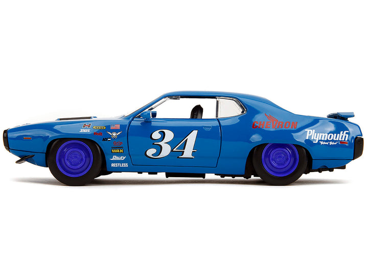 1972 Plymouth GTX #34 Blue with Graphics "Bigtime Muscle" Series 1/24 Diecast Model Car by Jada image 2
