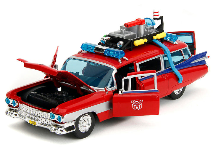 1959 Cadillac Ambulance Ecto-1 Red "Transformers" TV Series - "Ghostbusters" (1984) Movie Crossover "Hollywood Rides" Series 1/24 Diecast Model Car by Jada image 2