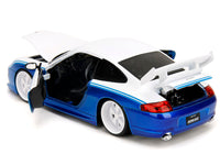 White and blue Toyo Tires Porsche 911 GT3 RS number 845 with doors and rear compartment open, Jada 35492