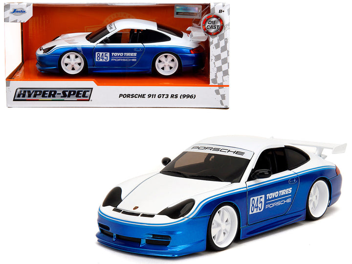 Porsche 911 GT3 RS (996) #845 White and Blue Metallic "Toyo Tires" "Hyper-Spec" Series 1/24 Diecast Model Car by Jada image 2