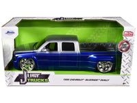 1999 Chevrolet Silverado Dually Pickup Truck Blue Metallic and Silver with Custom KMC Wheels "Just Trucks" Series 1/24 Diecast Model Car by Jada image 3
