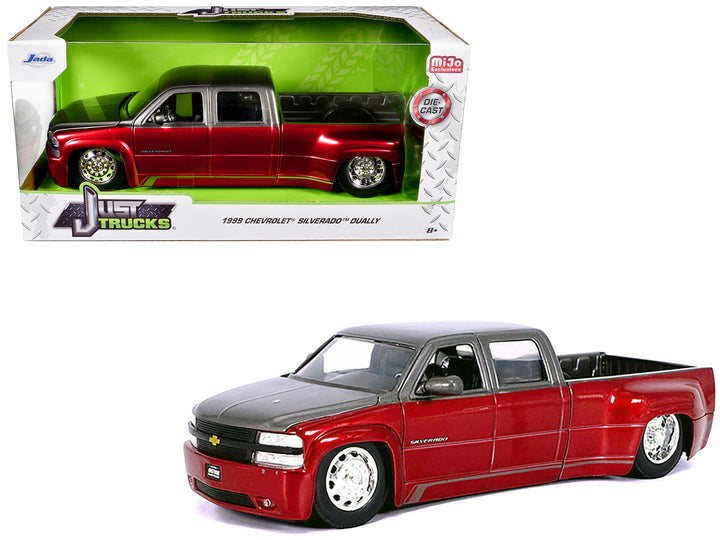 1999 Chevrolet Silverado Dually Pickup Truck Red Metallic and Gray with Stock Wheels "Just Trucks" Series 1/24 Diecast Model Car by Jada image 2