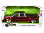 1999 Chevrolet Silverado Dually Pickup Truck Red Metallic and Gray with Custom KMC Wheels "Just Trucks" Series 1/24 Diecast Model Car by Jada image 2