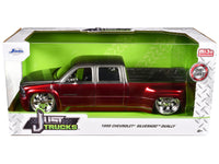 1999 Chevrolet Silverado Dually Pickup Truck Red Metallic and Gray with Custom KMC Wheels "Just Trucks" Series 1/24 Diecast Model Car by Jada image 2