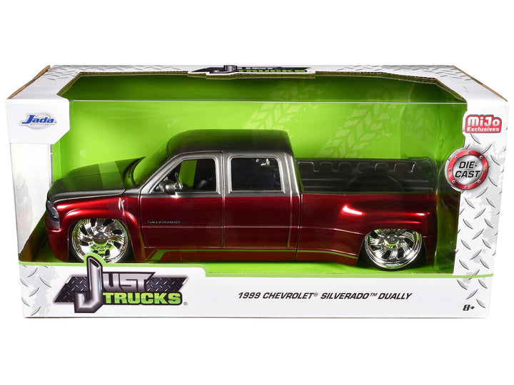 1999 Chevrolet Silverado Dually Pickup Truck Red Metallic and Gray with Custom KMC Wheels "Just Trucks" Series 1/24 Diecast Model Car by Jada image 2