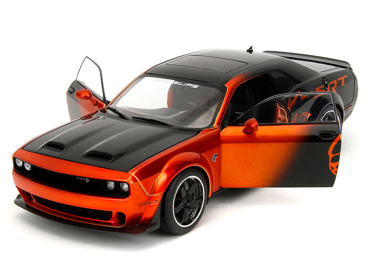 Dodge Challenger SRT Hellcat Orange Metallic and Black "Pink Slips" Series 1/18 Diecast Model Car by Jada image 2