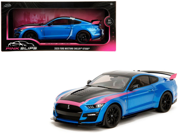Ford Mustang Shelby GT500 Blue Metallic with Pink Stripes and Black Hood and Top "Pink Slips" Series 1/18 Diecast Model Car by Jada