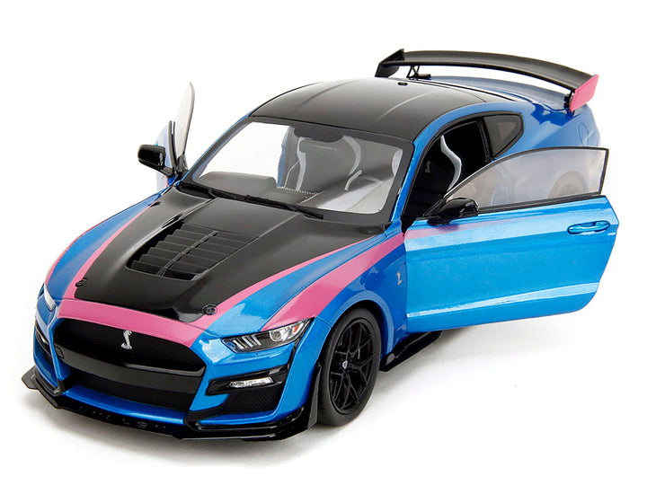 Ford Mustang Shelby GT500 Blue Metallic with Pink Stripes and Black Hood and Top "Pink Slips" Series 1/18 Diecast Model Car by Jada image 2