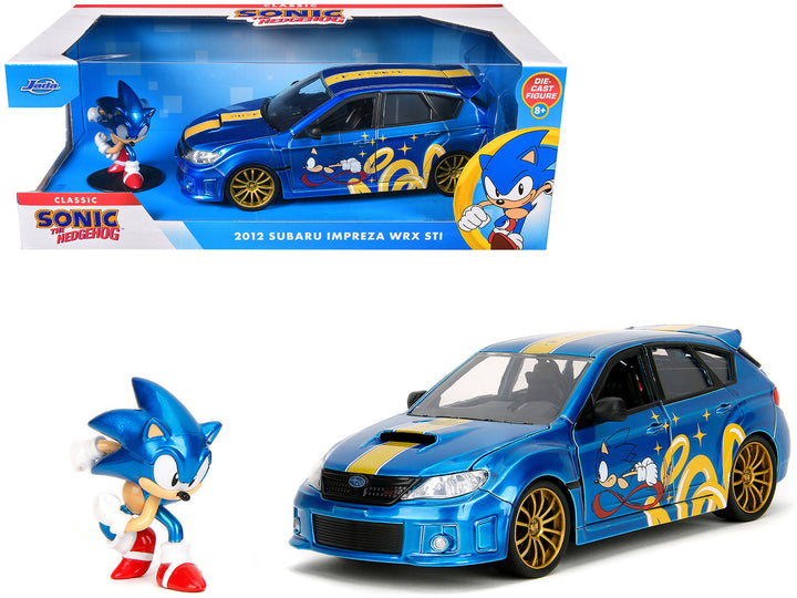 2012 Subaru Impreza WRX STI Blue Metallic with Graphics and Sonic The Hedgehog Diecast Figure "Sonic The Hedgehog" "Hollywood Rides" Series 1/24 Diecast Model Car by Jada image 2