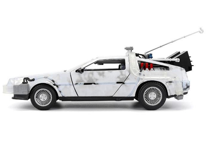 DMC DeLorean Time Machine Brushed Metal (Frost Version) with Lights "Back to the Future" (1985) Movie "Hollywood Rides" Series 1/24 Diecast Model Car by Jada