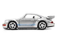 Silver Mirage Porsche 911 Carrera RS 3.8 with blue stripes, closed side view, Jada 36210, 1:32