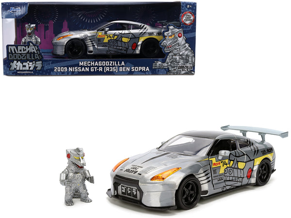 2009 Nissan GT-R (R35) Ben Sopra Brushed Metal with Black Top and Graphics and Mechagodzilla Diecast Figure "Godzilla" Franchise "Anime Hollywood Rides" Series 1/24 Diecast Model by Jada