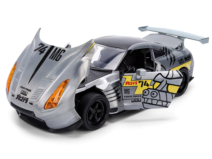 2009 Nissan GT-R (R35) Ben Sopra Brushed Metal with Black Top and Graphics and Mechagodzilla Diecast Figure "Godzilla" Franchise "Anime Hollywood Rides" Series 1/24 Diecast Model by Jada image 2