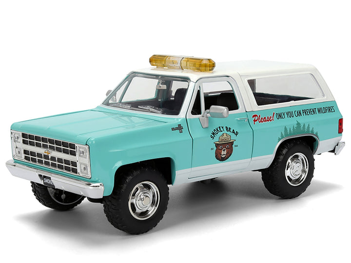 1980 Chevrolet Blazer Light Green with White Top and Graphics and Smokey Bear Diecast Figure "Smokey Bear" "Hollywood Rides" Series 1/24 Diecast Model by Jada image 2