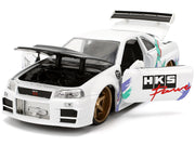2002 Nissan Skyline GT-R (R34) RHD (Right Hand Drive) "HKS Power" White with Carbon Hood and Graphics "JDM Tuners" Series 1/24 Diecast Model Car by Jada image 3