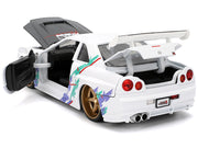 2002 Nissan Skyline GT-R (R34) RHD (Right Hand Drive) "HKS Power" White with Carbon Hood and Graphics "JDM Tuners" Series 1/24 Diecast Model Car by Jada image 4
