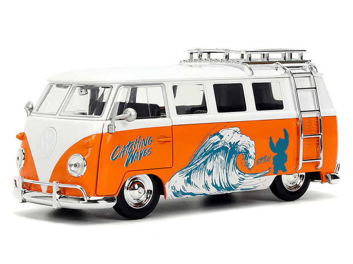 1961 Volkswagen Bus "Catching Waves" White and Orange with Stich Diecast Figure "Disney's Stitch" "Hollywood Rides" Series 1/24 Diecast Model by Jada image 2