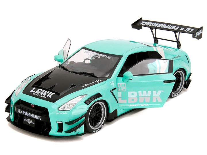 Nissan GT-R (R35) Liberty Walk Body Kit 2.0 RHD (Right Hand Drive) Light Blue with Black Hood and White Stripes "Pink Slips" Series 1/18 Diecast Model Car by Jada image 2
