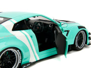 Nissan GT-R (R35) Liberty Walk Body Kit 2.0 RHD (Right Hand Drive) Light Blue with Black Hood and White Stripes "Pink Slips" Series 1/18 Diecast Model Car by Jada image 3