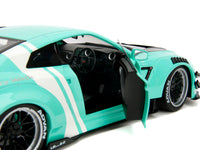 Nissan GT-R (R35) Liberty Walk Body Kit 2.0 RHD (Right Hand Drive) Light Blue with Black Hood and White Stripes "Pink Slips" Series 1/18 Diecast Model Car by Jada image 3