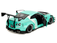 Nissan GT-R (R35) Liberty Walk Body Kit 2.0 RHD (Right Hand Drive) Light Blue with Black Hood and White Stripes "Pink Slips" Series 1/18 Diecast Model Car by Jada image 4
