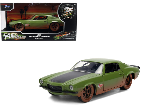 Dom's 1973 Chevrolet Camaro "F-Bomb" Matt Green (Dirty Version) with Black Hood Stripe "Fast & Furious" (2009) Movie "Fast & Furious 25 Years" Series 1/32 Diecast Model Car by Jada