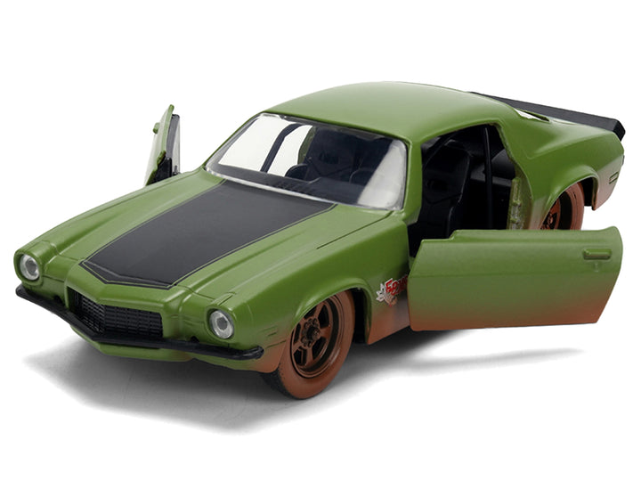 Dom's 1973 Chevrolet Camaro "F-Bomb" Matt Green (Dirty Version) with Black Hood Stripe "Fast & Furious" (2009) Movie "Fast & Furious 25 Years" Series 1/32 Diecast Model Car by Jada image 2