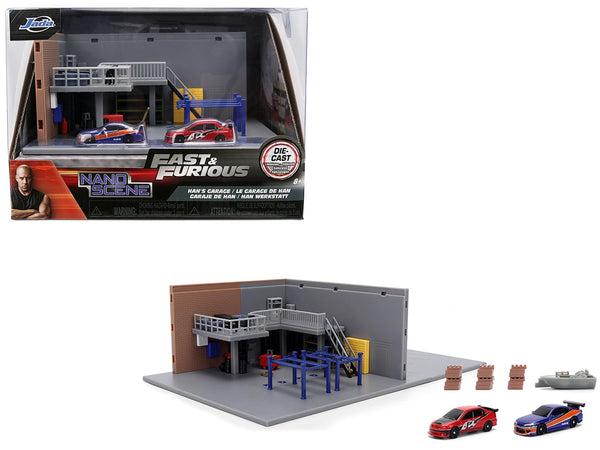 Jada 36403 Han's Garage Nano Scene with Mitsubishi Lancer Evolution IX and Nissan Silvia S15 miniatures